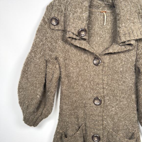 Free People Brown Bubble Sleeve Wool Blend Cardigan Sweater Women's Size S - Picture 3 of 7